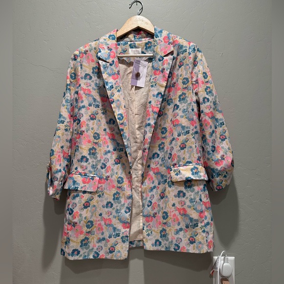 NWT Fate Floral Meet Me in Paris Blazer Jacket Small Open Front Linen Cotton - Picture 2 of 10
